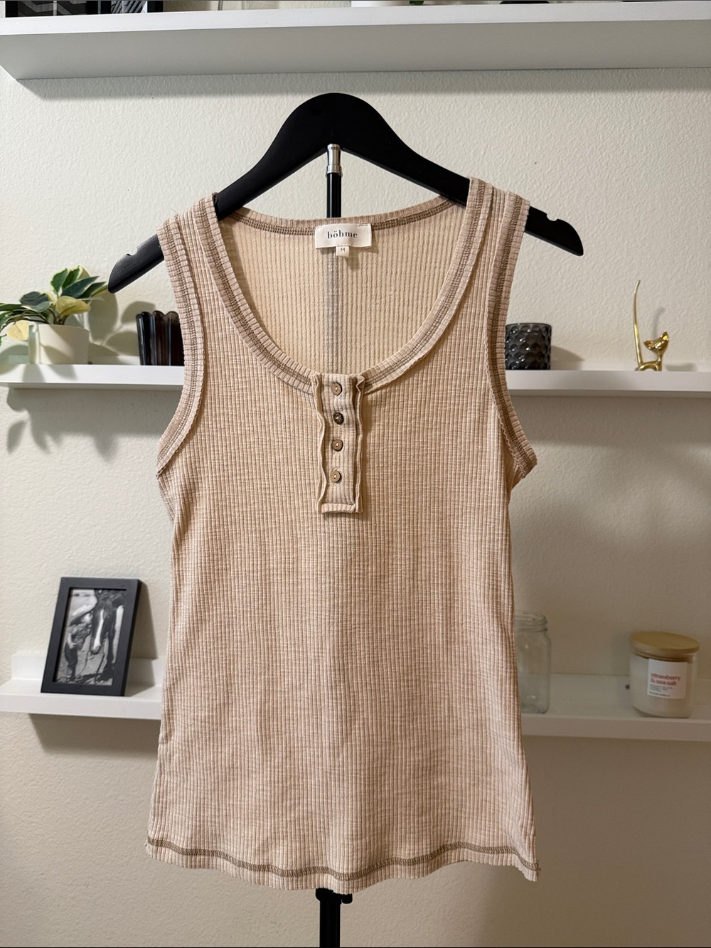 bohme Beige Ribbed Henley Tank Top